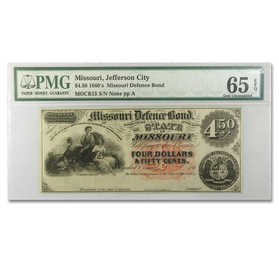 186_ State of Missouri Defence Bonds $4.50 Gem Unc-65 PMG 186_ State of Missouri Defence Bonds $4.50 Gem Unc-65 PMG